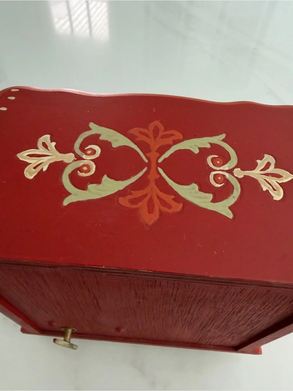 Vintage 3 Drawer Musical Jewelry Box Mini Chest orange Wooden Hand Painted 70s